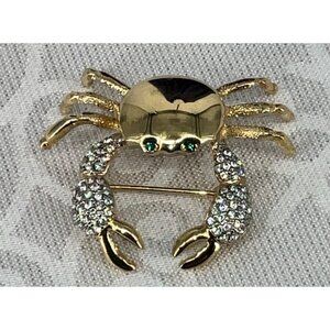 Gold-Tone Crab Brooch With Rhinestone Claws & Green Gem Eyes